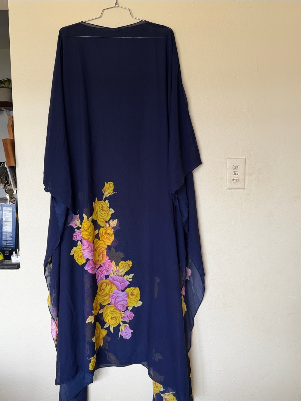 Navy Floral Chiffon Kimono Kaftan with Yellow & Pink Roses Swim Coverup One Size